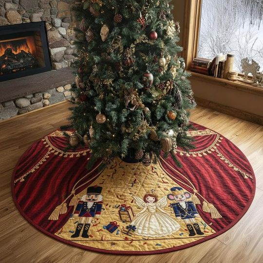 Discover Grand Theater Curtain Call Tree Skirt, Red & Gold Nutcracker Stage Scene, Plush Holiday Decor, Quilted Xmas Figure Skirt