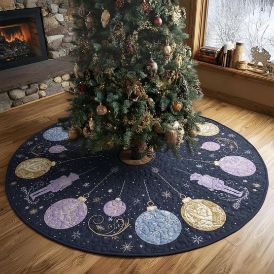 Discover Clara's Midnight Dreamscape Tree Skirt, Dark Blue & Gold Nutcracker Ornaments, Elegant Holiday Decor, Quilted Xmas Skirt