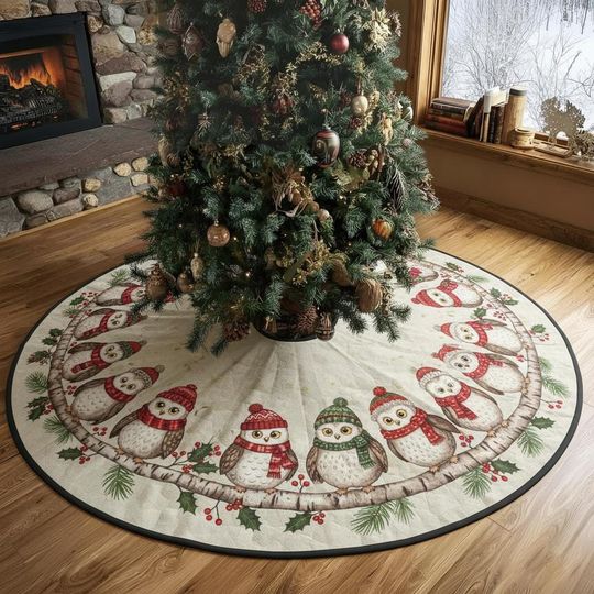 Snowy Owl Family Gathering Tree Skirt, White & Tan Xmas Decor, Cute Hatted Owl Holiday Branch Decoration, Quilted Berries