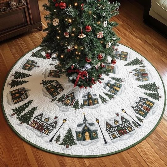 Discover Snowy Village Lamplight Tree Skirt, White Xmas Scene Holiday Decor, Green & Red Winter Town Christmas Decoration, Quilted