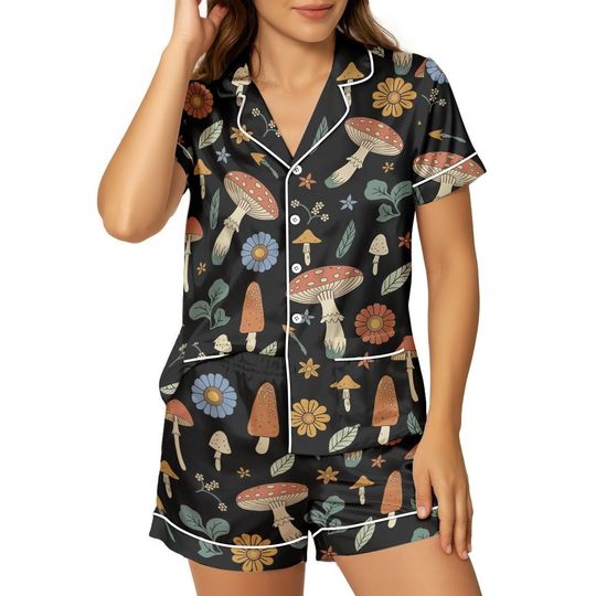 Discover Mushroom Print Pajamas Set, Quirky Short Sleeve Sleepwear, Nature Inspired Nightwear Gift For Women, Cozy Holiday Loungewear