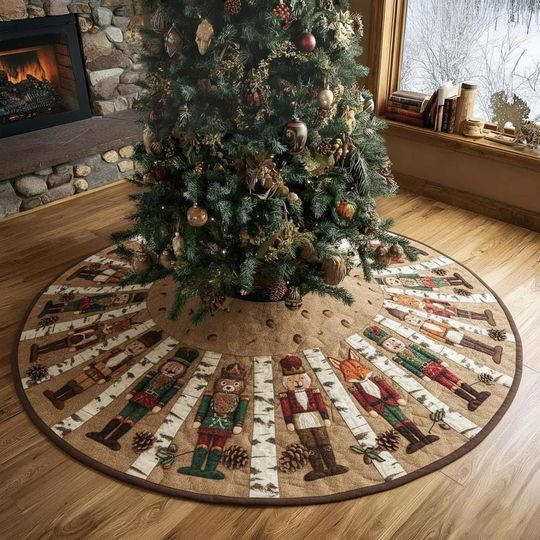 Discover Woodland Nutcracker Tree Skirt, Rustic Brown Birch Bark Xmas Decor, Forest Animal Holiday Figure Skirt, Cabin Decor