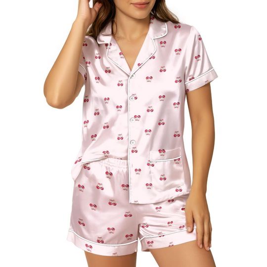 Cherry Pajamas Set, Pink Short Sleeve Sleepwear, Holiday Loungewear Gift For Her, Cozy Nightwear, Cute Christmas Gift