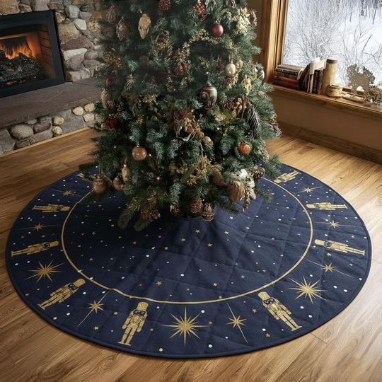 Gilded Nutcracker Tree Skirt, Navy Blue Night Sky, Golden Silhouette Xmas Decor, Elegant Festive Holiday Decoration for Home