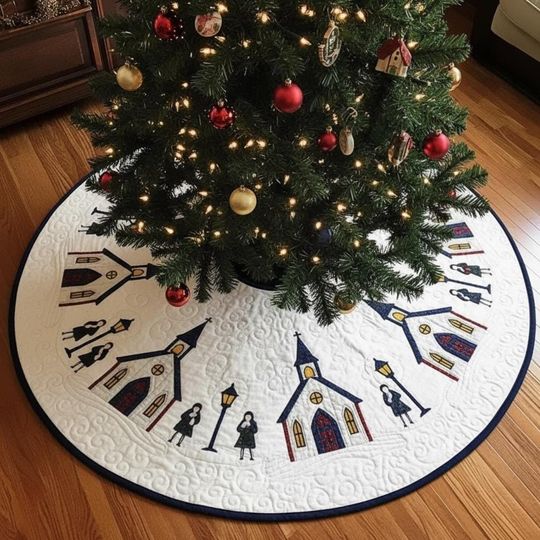 Discover Christmas Eve Church Bells Tree Skirt, Quilted White Village Scene, Carolers and Lampposts, Traditional Holiday Decoration