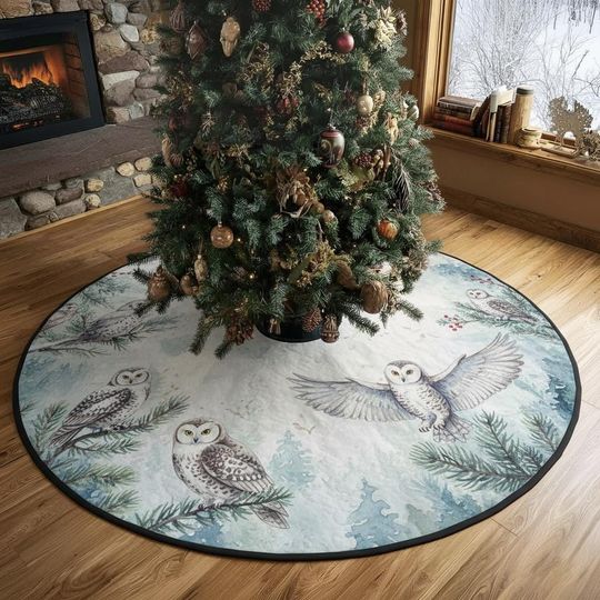 Discover Watercolor Snowy Owl Tree Skirt, Winter Forest Scene, Blue and White Holiday Decor, Nature-Themed Christmas Decoration