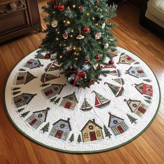 Discover Coastal Christmas Harbor Tree Skirt, Quilted Beach Houses and Sailboats, Nautical Holiday Decor, Blue and Red Xmas Accent