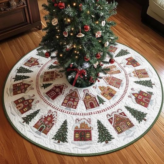 Discover Gingerbread Village Tree Skirt Sweetscape, Quilted Candy Cane Houses and Pine Trees, Traditional Red Green Xmas Decor