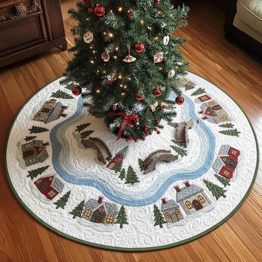 Discover Village on the Frozen River Tree Skirt, Quilted Snow Scene Houses and Bridges, Blue River Winter Holiday Home Decor