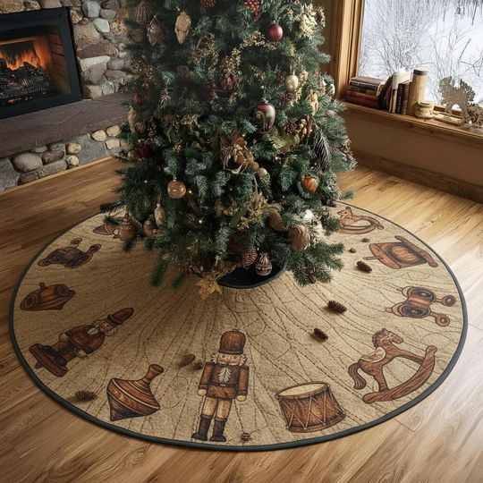 Discover Toymaker's Wooden Dream Tree Skirt, Rustic Nutcracker and Vintage Toys, Tan Woodgrain Background, Traditional Xmas Decor