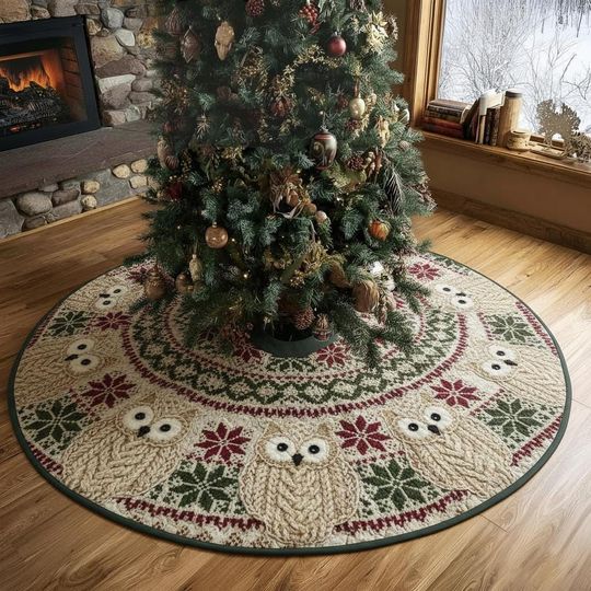 Discover Cozy Sweater Knit Owl Tree Skirt, Red Green Fair Isle Pattern, Traditional Wool-Look Xmas Decor, Rustic Holiday Comfort