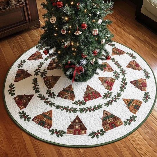Discover Cozy Cottage Wreath Tree Skirt, Gingerbread House Ring, Quilted Holly and Berry Border, Traditional Red Green Xmas Decor