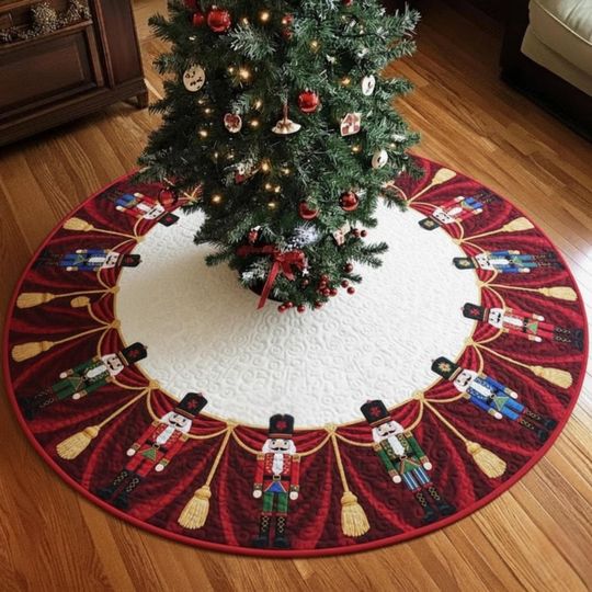 Nutcracker Soldier Quilted Tree Skirt, Red Velvet Curtain Holiday Decor, Classic Red White Round Mat