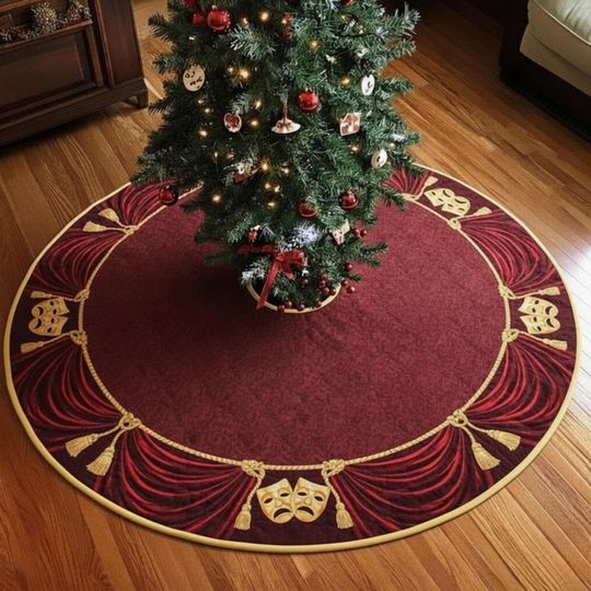 Theater Stage Tree Skirt, Dramatic Red Velvet Style Gold Curtain Holiday Decor, Musical Theme Mat