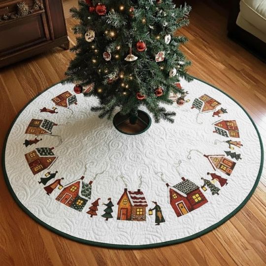 Discover Christmas Village Tree Skirt, Winter Town Snow Scene Holiday Decor, White Quilted Round Xmas Mat