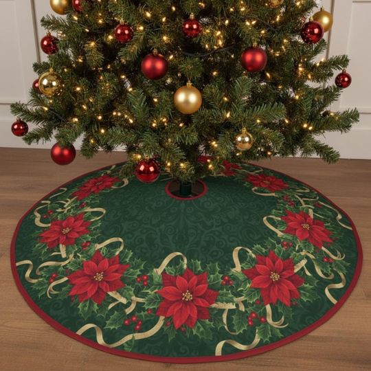 Discover Poinsettia Wreath Tree Skirt, Traditional Red Green Holly Quilted Holiday Decor, Round Christmas Mat