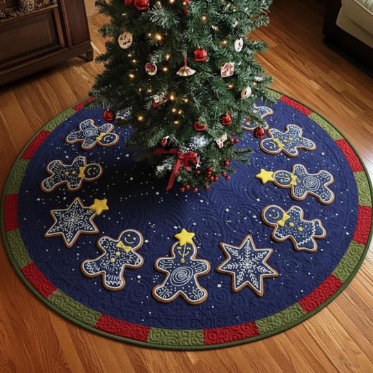 Discover Dark Blue Gingerbread Quilted Tree Skirt, Night Sky Holiday Xmas Decor, Snowman Star Christmas Mat