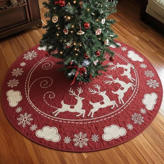 Discover Rustic Reindeer Quilted Tree Skirt, Red and White Snowflakes Clouds Holiday Decor, Round Christmas Mat