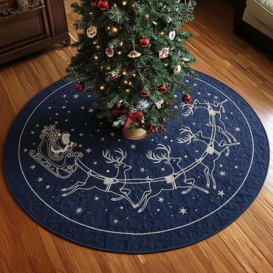 Navy Blue Santa Sleigh Quilted Tree Skirt, White Reindeer Stars Holiday Decor, Round Christmas Mat