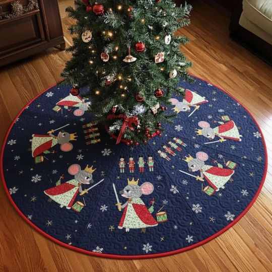 Nutcracker Mouse King Quilted Tree Skirt, Navy Blue Soldier Holiday Decor, Red Gold Round Xmas Mat