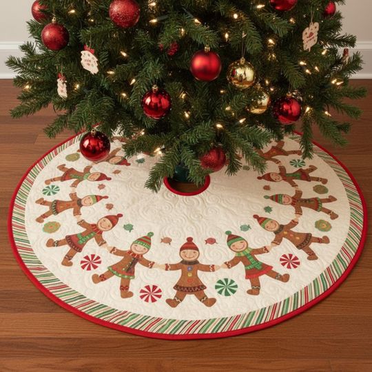 Discover Gingerbread Friends Quilted Tree Skirt, Festive Candy Cane Holiday Decor, White Red Green Round Xmas Mat