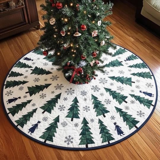 Forest Tree Quilted Tree Skirt, Simple Evergreen Snowflake Winter Decor, White Green Round Xmas Mat