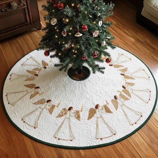 Elegant Angel Quilted Tree Skirt, White and Gold Nativity Scene Holiday Decor, Round Christmas Mat