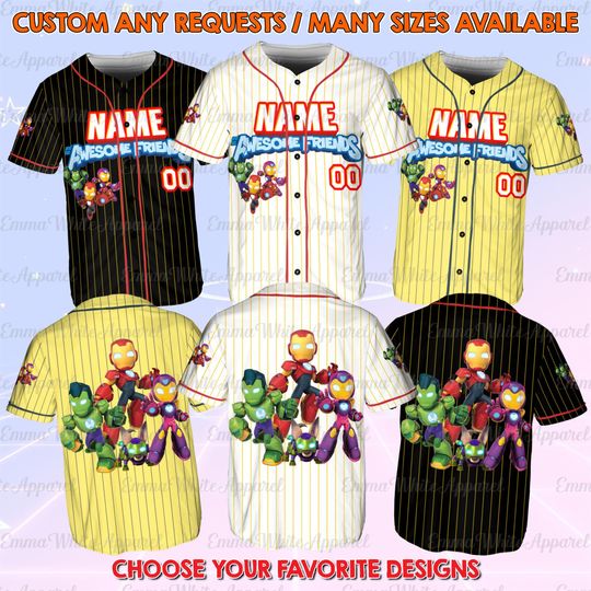 Marvel Iron Man Baseball Jersey with Iron Man and Friends, Superhero Iron Man Birthday Shirt, Ironheart and Hulk Marvel Tee