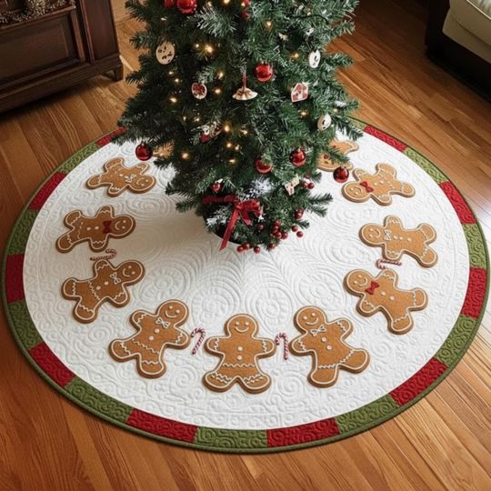 Discover Classic Gingerbread Men Quilted Tree Skirt, White Red Green Holiday Xmas Decor, Handmade Round Mat