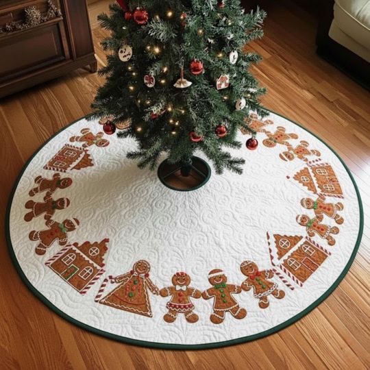 Discover Gingerbread House Quilted Tree Skirt, Cookie Family Holiday Decor, White Green Round Christmas Mat