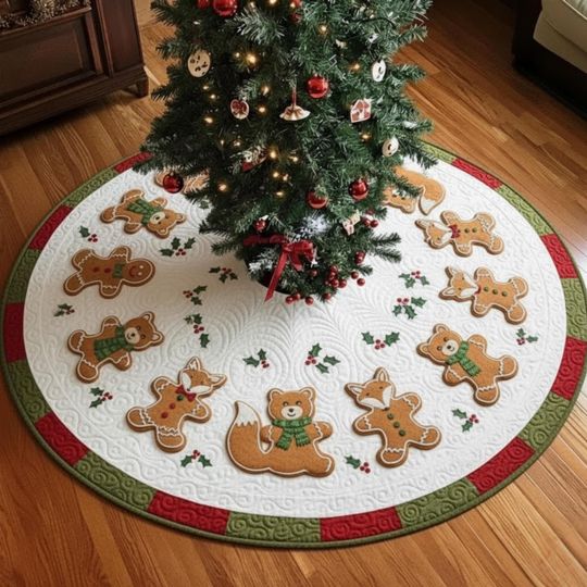 Discover Quilted Fox Gingerbread Tree Skirt, Winter Animal Cookie Holiday Decor, White Red Green Xmas Tree Mat