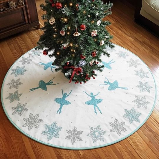 Discover Ballerina Snowflake Quilted Tree Skirt, Winter Dancer Blue Silver Holiday Decor, White Round Xmas Mat