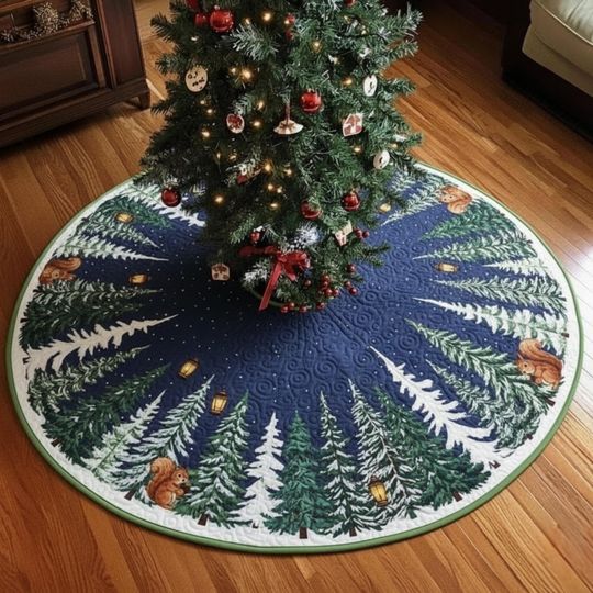 Quilted Woodland Forest Tree Skirt, Night Snow Scene Squirrel Holiday Decor, Navy Blue Green Xmas Mat