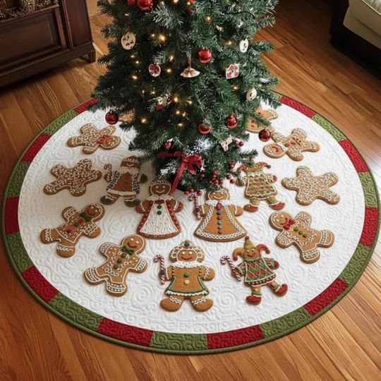 Discover Gingerbread Family Quilted Tree Skirt, White Red Green Holiday Xmas Decor, Handmade Round Christmas Mat