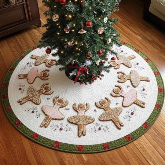 Discover Gingerbread Ballerina Quilted Tree Skirt, Pink Tutu Holiday Decor, White Red Green Round Christmas Mat