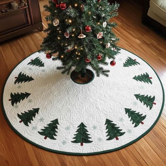 Discover Green Pine Christmas Tree Skirt, White Quilted Holiday Skirt with Forest Tree Pattern, Minimalist Winter Decor