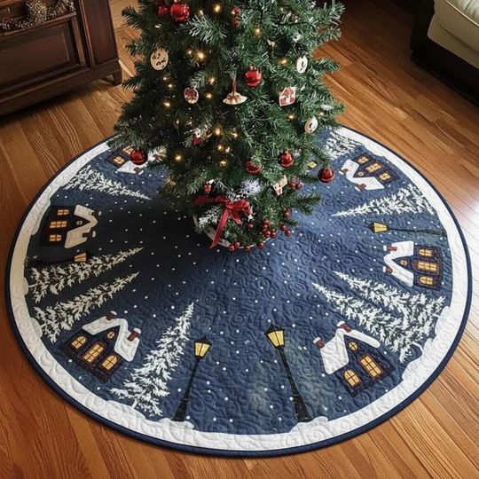 Discover Lamplit Woodland Village Tree Skirt, Navy Blue Snow Scene Xmas Decor, Quilted Winter Forest Town Christmas Decoration, Cozy
