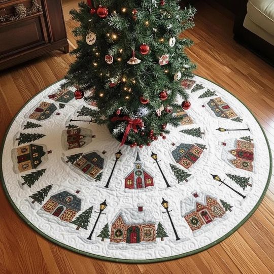Discover Snowy Village Panorama Tree Skirt, White & Red Church Xmas Scene Decor, Quilted Winter Town Christmas Decoration, Cozy