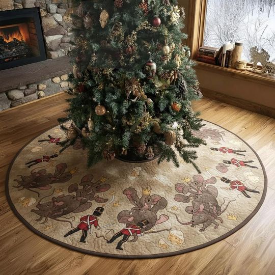 Discover Mouse King's Mischief Tree Skirt, Tan Nutcracker Scene Xmas Decor, Quilted Mouse & Soldier Figure Holiday Decoration, Fun