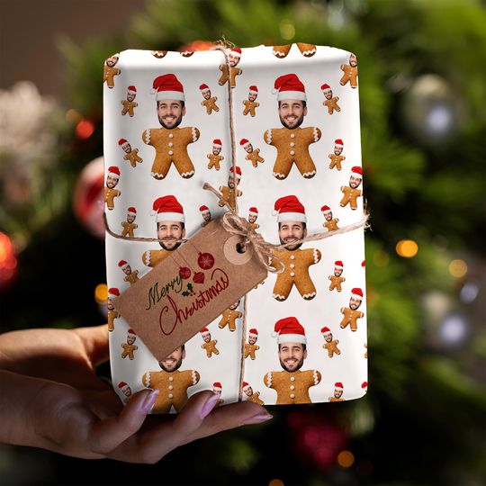 Custom Christmas Wrapping Paper with Face Photo, Personalized Funny Holiday Gift Box Wrap Decoration with Gingerbread & Santa Hat Picture