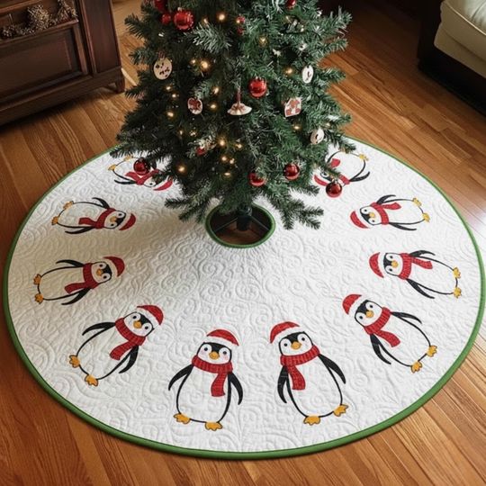 Discover Penguin Christmas Tree Skirt, Red Scarf Winter Decor, Quilted Holiday Animal Mat, White and Green Xmas Tree Gift