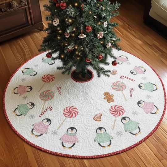 Discover Candy Penguin Christmas Tree Skirt, Lollipop and Candy Cane Holiday Decor, Quilted Winter Mat, Cute Christmas Gift Idea