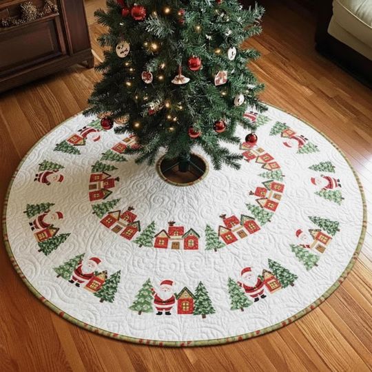 Discover Santa Village Christmas Tree Skirt, Quilted White Holiday Mat with Santa and Red Houses, Classic Winter Decor Santa  Christmas Tree Skirt