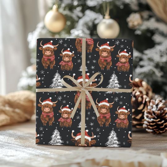 Christmas Highland Cow Gift Wrapping Paper Cute Festive Cows with Santa Hats & Plaid Scarves Perfect Holiday Wrap for Animal Lovers