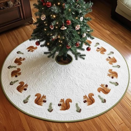 Discover Pinecone Squirrel Christmas Tree Skirt, Green Trim Woodland Decor, Quilted Holiday Tree Mat, Cozy Animal Winter Gift