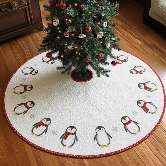 Discover Red Scarf Penguin Christmas Tree Skirt, Quilted Winter Animal Decor, White and Red Holiday Mat, Cozy Handmade Xmas Gift