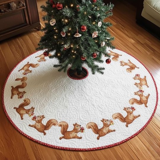 Discover Gift Squirrel Christmas Tree Skirt, Red Trim Holiday Decor, Quilted Woodland Animal Mat, Cute Winter Xmas Tree Skirt