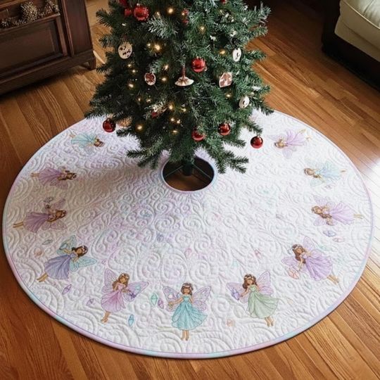 Discover Pastel Fairy Christmas Tree Skirt, Pink and Mint Angel Circle Mat, Whimsical Quilted Holiday Decor, Handmade Winter Tree Gift