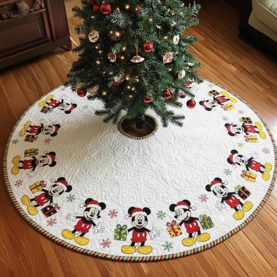 Discover mouse Christmas Tree Skirt, Quilted White Holiday Skirt with Mouse Holding Gifts, Fun Cartoon Xmas Decor mouse christmas tree skirt