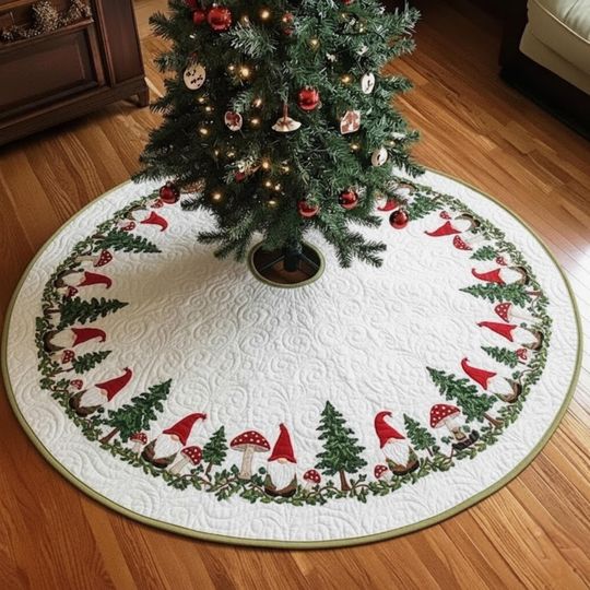 Discover Gnome Forest Christmas Tree Skirt, Red Hat Gnome Holiday Mat, Mushroom and Pine Decor, Quilted Woodland Xmas Tree Gift